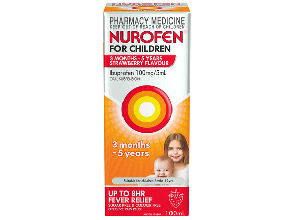 Nurofen For Children 3months - 5years Pain and Fever Relief 100mg/5mL Ibuprofen Strawberry 100mL