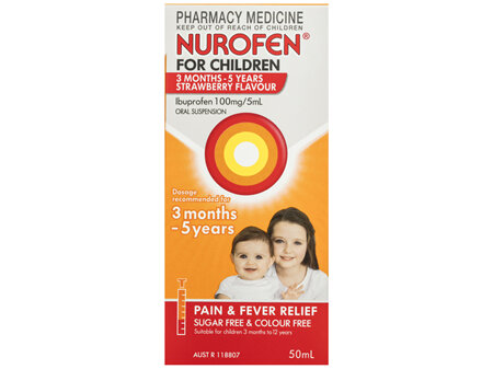 Nurofen For Children 3months - 5years Pain and Fever Relief 100mg/5mL Ibuprofen Strawberry 50mL