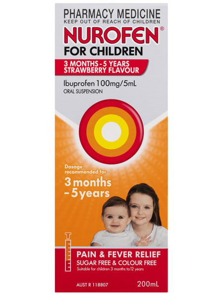 Nurofen For Children 3months - 5years Pain and Fever Relief 100mg/5mL Ibuprofen Strawberry 200mL