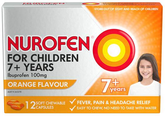 Nurofen For Children 7and Pain and Fever Relief Chewable Capsules 100mg Ibuprofen Orange 12 pack