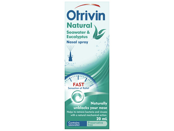 Otrivin Natural Nasal Spray with Seawater and Eucalyptus, for Blocked Nose, 20mL