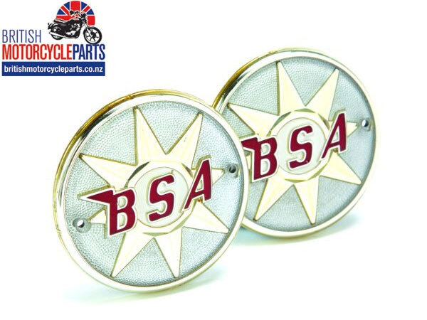 Pair of BSA Round plastic tank badges to fit Bantams, early B40 and export A65