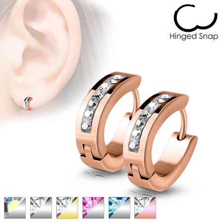Pair of Lined Set Crystals Front Oval Shape Stainless Steel Hoop/Huggie Earrings