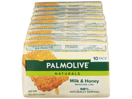 Palmolive Naturals Bar Soap, 10 Pack x 90g, Moisture Care with Natural Milk & Honey
