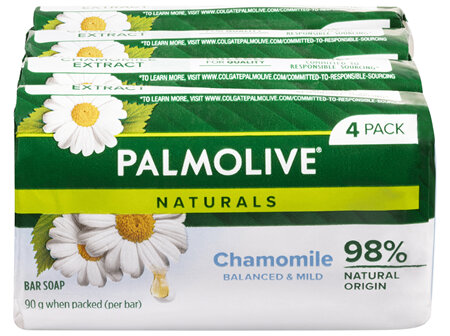 Palmolive Naturals Bar Soap, 4 Pack x 90g, Balanced & Mild With Natural Chamomile