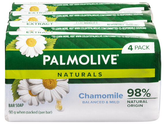 Palmolive Naturals Bar Soap, 4 Pack x 90g, Balanced & Mild With Natural Chamomile