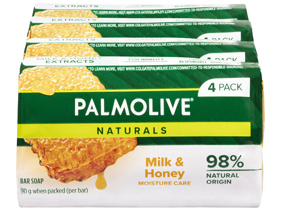 Palmolive Naturals Bar Soap, 4 Pack x 90g, Moisture Care with Natural Milk & Honey