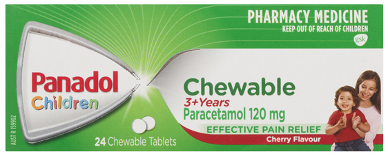 Panadol Children 3+ Years Chewable, Cherry Flavour, 24 Tablets