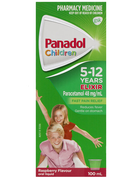Panadol Children's 5-12 Years Elixir Oral Liquid, Fever & Pain Relief, Raspberry Flavour,  100mL