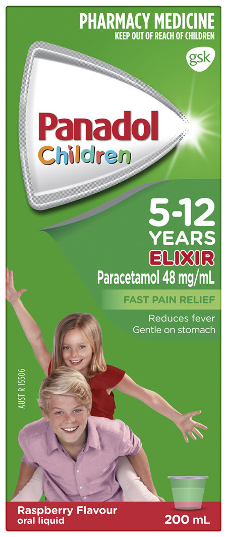 Panadol Children's 5-12 Years Elixir Oral Liquid, Fever & Pain Relief, Raspberry Flavour, 200mL