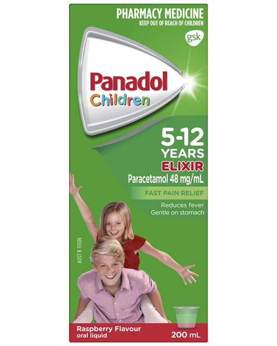 Panadol Children's 5-12 Years Elixir Oral Liquid, Fever & Pain Relief, Raspberry Flavour, 200mL