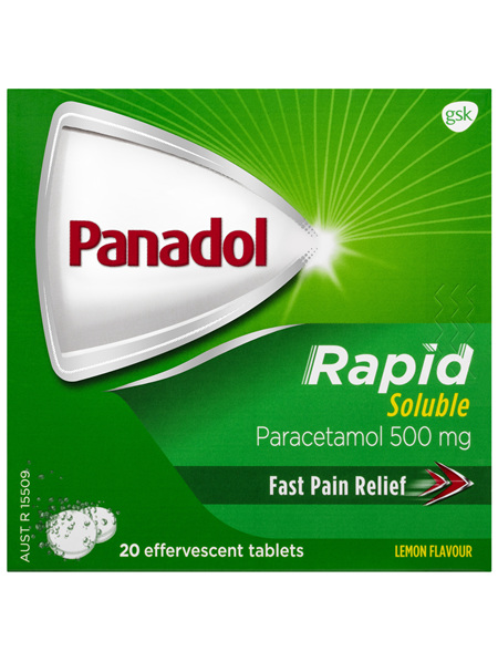 Panadol Rapid Soluble, 500 mg paracetamol, 20 effervescent tablets (pain relief)