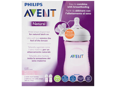 Philips Avent Natural Wide-Neck Bottles Pink 1m+ 2 x 260mL
