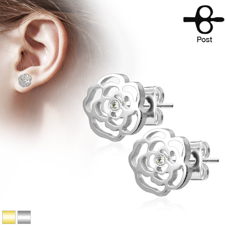 Rose Blossom with Crystal 316L Stainless Steel Earring Studs Pair