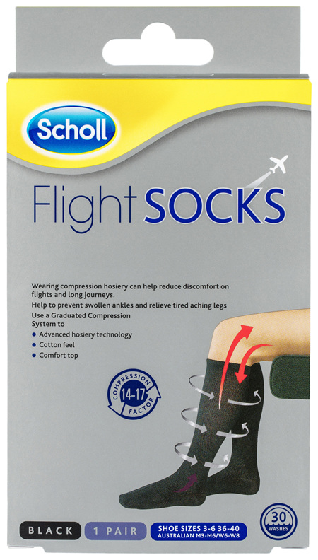 Scholl Flight Socks Compression Hosiery Black W6-8 M3-6