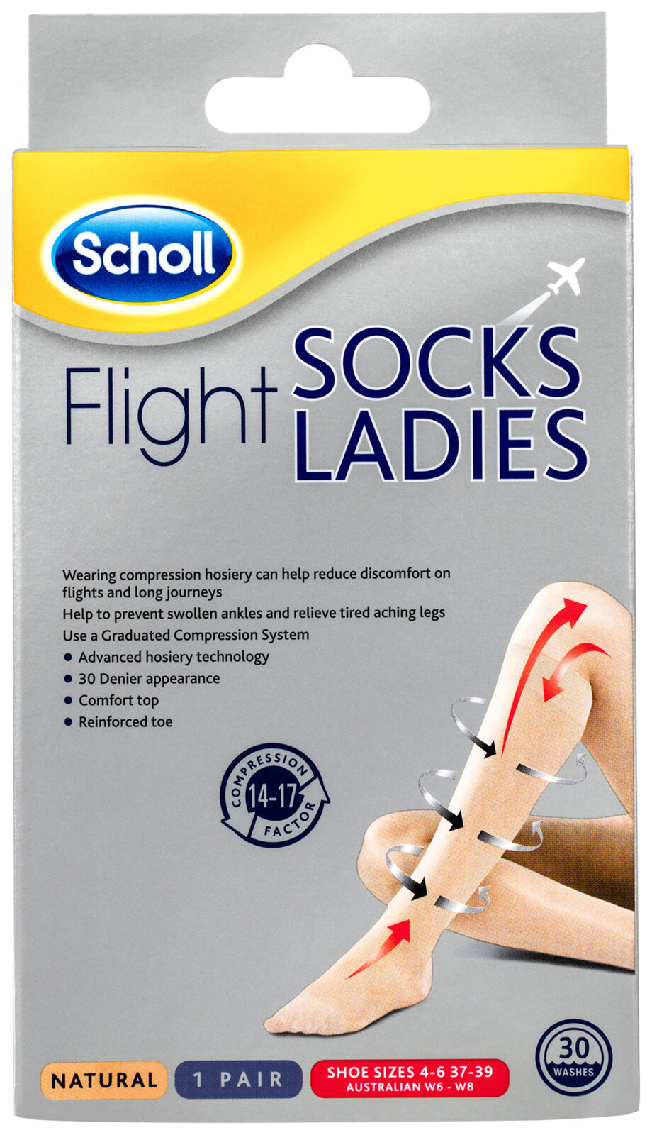 Scholl Flight Socks Compression Hosiery Ladies Natural 6-8 - SKUlibrary