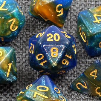 Set of 7 Blue and Orange with Gold Starlight Polyhedral Dice Games and Hobbies