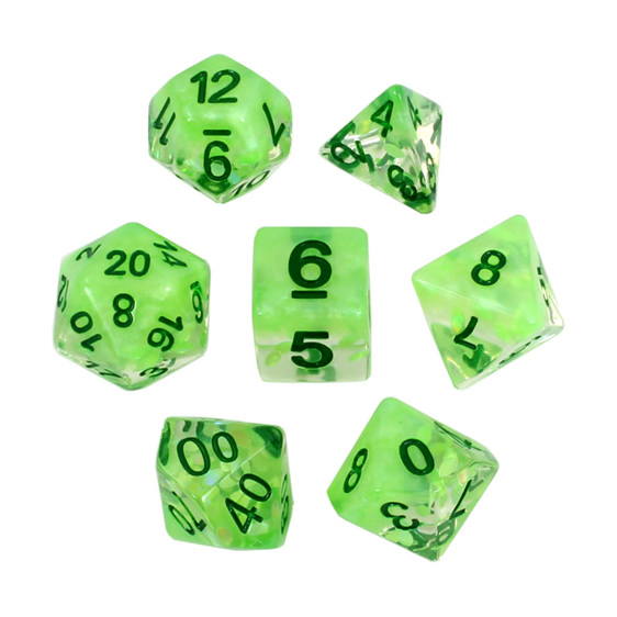 Set of 7 Green Leaves Confetti Polyhedral Dice Games and Hobbies NZ