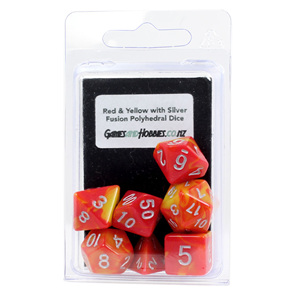 Set of 7 Red & Yellow Fusion Polyhedral Dice Games and Hobbies New Zealand