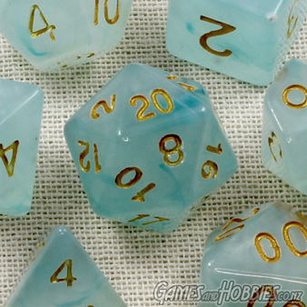 Set of 7 Sky Blue with Gold Vapour Polyhedral Dice with Gold Numbers NZ