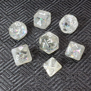 Set of 7 White Snowflake Confetti Polyhedral Dice Games and Hobbies NZ