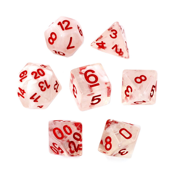 Set of 7 White Vapour Translucent Polyhedral Dice with Red Numbers NZ