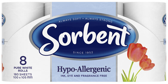 Sorbent 3 PLY Hypo-Allergenic Toilet Tissue Rolls - 8 Pack
