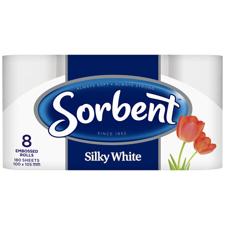 Sorbent 3 PLY Silky White Toilet Tissue - 8 Pack