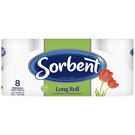 Sorbent Long Roll Toilet Tissue 8 Pack