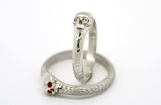 sterling silver, yellow or white gold skull ring with ruby and diamond eyes