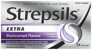 Strepsils Extra Blackcurrant Fast Numbing Sore Throat Pain Relief with Anaesthetic Lozenges 24pk