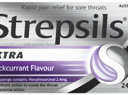 Strepsils Extra Blackcurrant Fast Numbing Sore Throat Pain Relief with Anaesthetic Lozenges 24pk