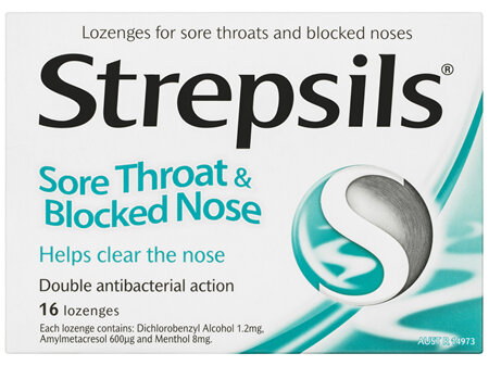 Strepsils Sore Throat Blocked Nose Lozenges Antibacterial Menthol 16pk