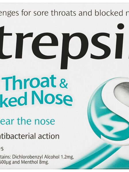 Strepsils Sore Throat Blocked Nose Lozenges Antibacterial Menthol 16pk