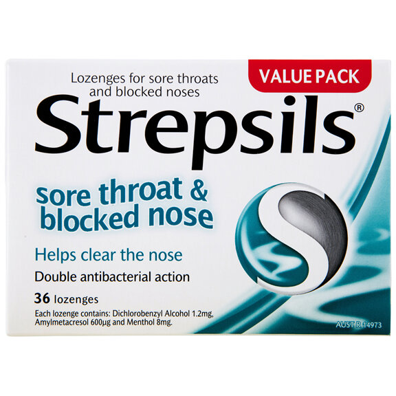 Strepsils Sore Throat Blocked Nose Lozenges Antibacterial Menthol 36pk