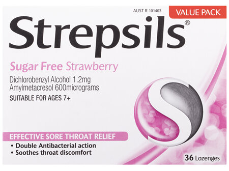 Strepsils Sore Throat Relief Sugar Free Strawberry 36 Pack