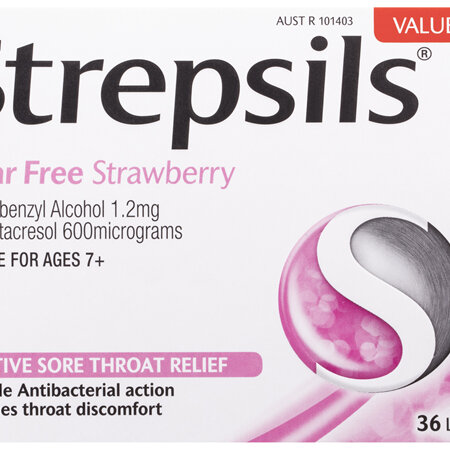 Strepsils Sore Throat Relief Sugar Free Strawberry 36 Pack