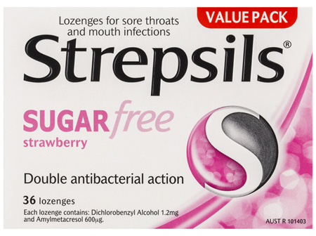 Strepsils Sore Throat Relief Sugar Free Strawberry 36 Pack