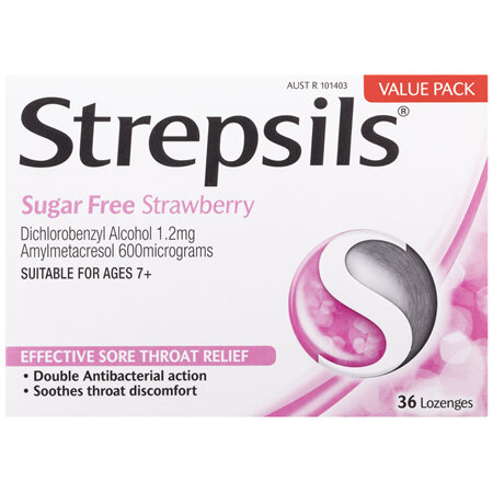 Strepsils Sore Throat Relief Sugar Free Strawberry 36 Pack