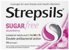 Strepsils Sore Throat Sugar Free Antibacterial Strawberry Lozenges 16pk