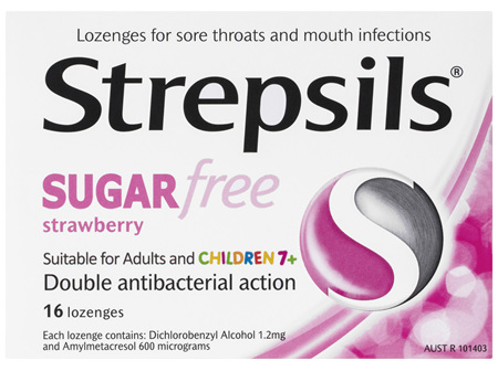 Strepsils Sore Throat Sugar Free Antibacterial Strawberry Lozenges 16pk