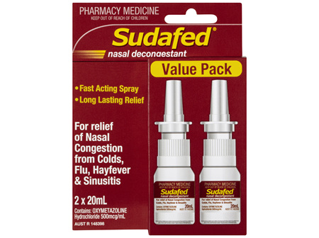 Sudafed Nasal Decongestant Sinus Relief Spray Value Pack 2x 20mL