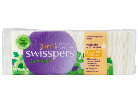 Swisspers Earth Kind 3in1 Cleanser Infused Pads - Argan Oil & Vitamin E