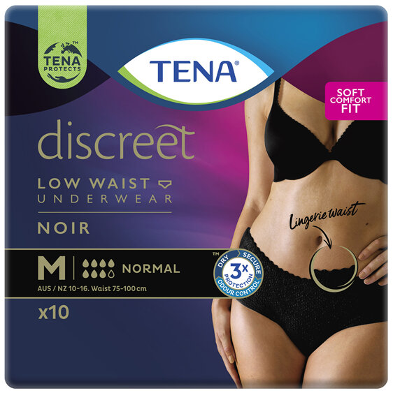 TENA Discreet Women's Lingerie Waist Underwear Black Medium (M) 10 Pack