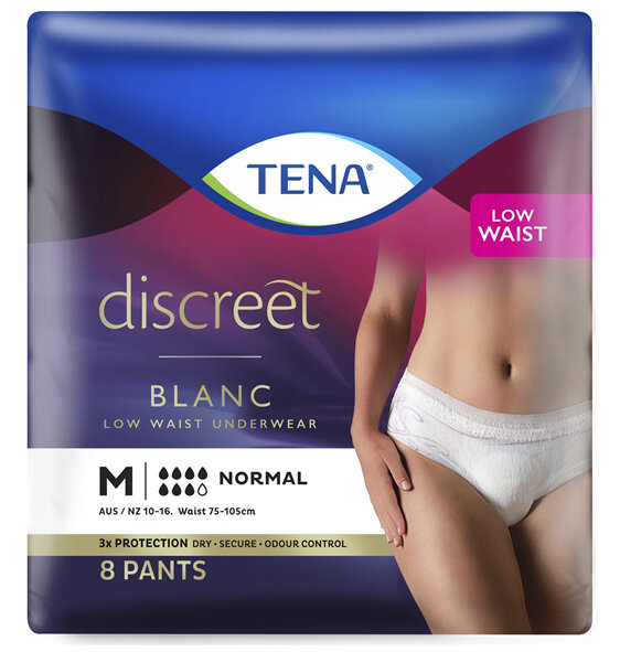 TENA Discreet Women's Low Waist Underwear White Medium (M) 8 Pack