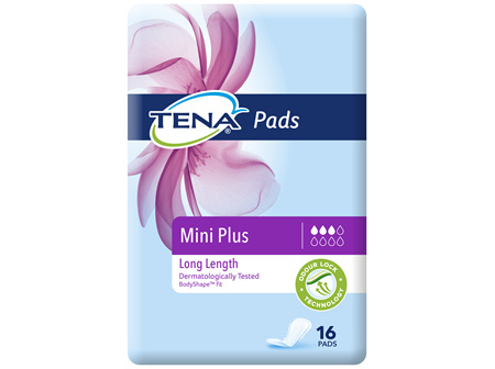 TENA Mini Plus Pads Long Length 16 pack