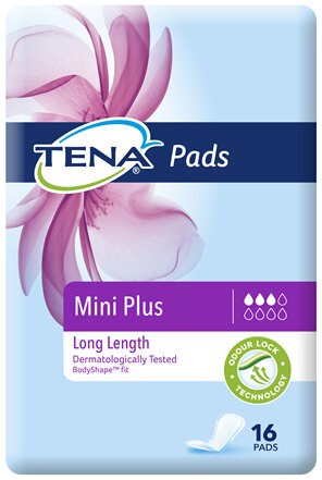 TENA Mini Plus Pads Long Length 16 pack
