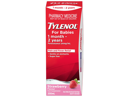 Tylenol Babies Paracetamol Pain and Fever Relief Oral Suspension Strawberry 200mL