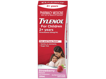Tylenol Kids Paracetamol Pain and Fever Relief Oral Suspension Strawberry 200mL