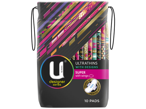 U by Kotex Designer Ultrathin Pads Super with Wings 10 Pack